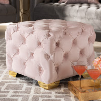 Baxton Studio TSFOT029-Light Pink/Gold-Otto Avara Glam and Luxe Light Pink Velvet Fabric Upholstered Gold Finished Button Tufted Ottoman